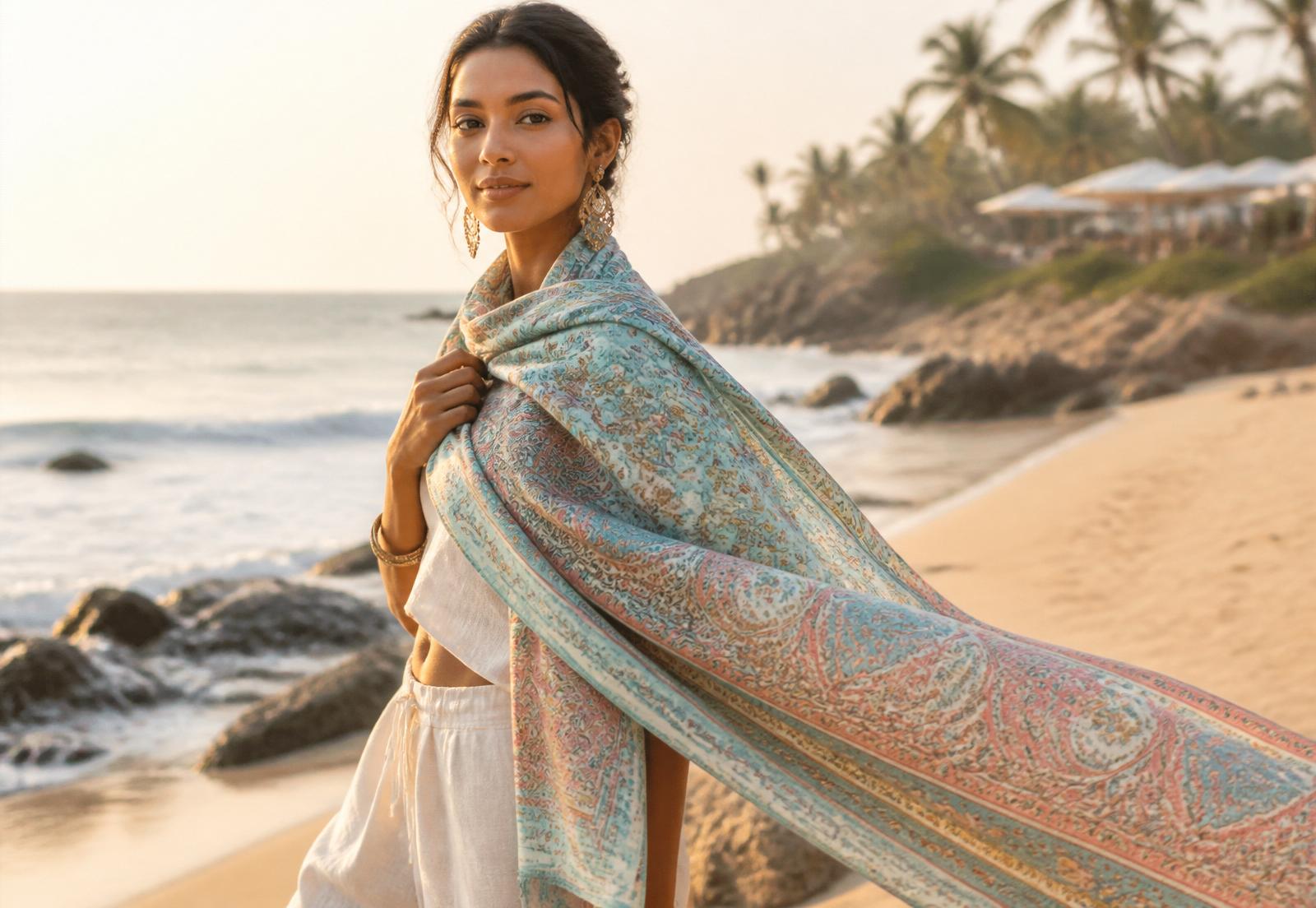 Woman on a sunlit beach wearing a flowing Indian scarf with paisley pattern
